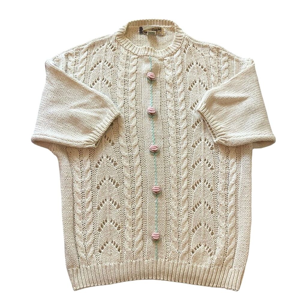 Vintage Ivory Knit Floral Sweater L Cotton Lightweight Top Cottagecore Romantic